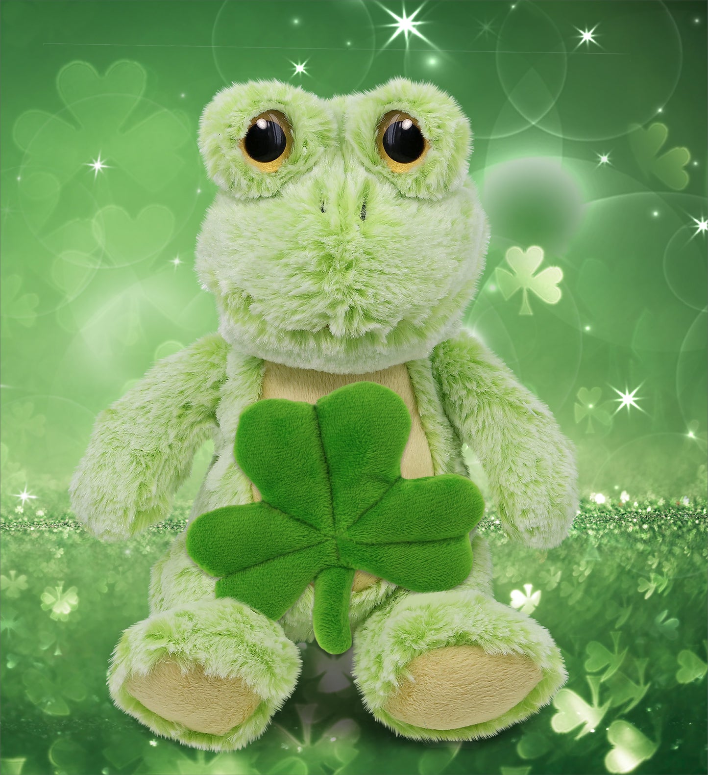 DolliBu Cute Sitting Frog Stuffed Animal with Green Plush Shamrock - 9 Inches