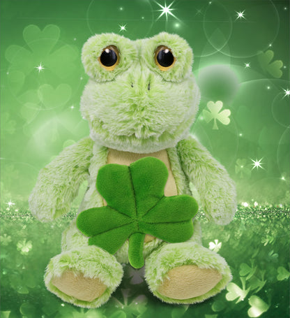 DolliBu Cute Sitting Frog Stuffed Animal with Green Plush Shamrock - 9 Inches