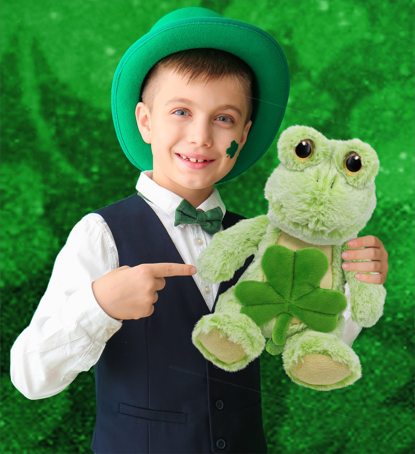DolliBu Cute Sitting Frog Stuffed Animal with Green Plush Shamrock - 9 Inches