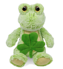 DolliBu Cute Sitting Frog Stuffed Animal with Green Plush Shamrock - 9 Inches