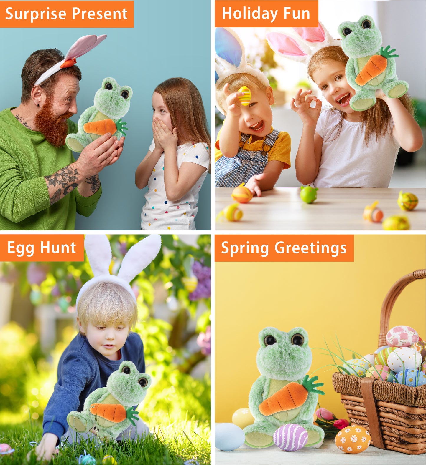 DolliBu Happy Easter Super Soft Plush Sitting Frog with Carrot Plush - 9 Inches