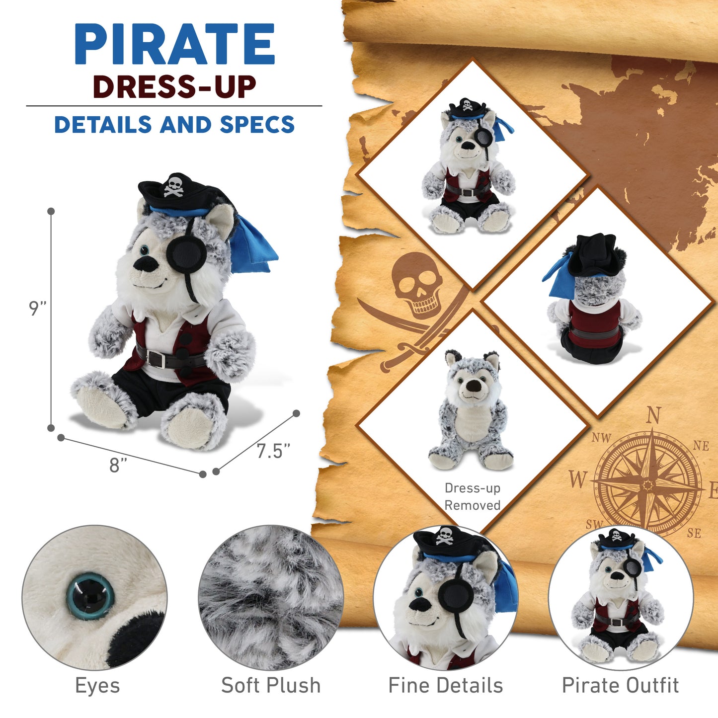 SUPER-SOFT PLUSH - SITTING HUSKY PIRATE DRESS UP