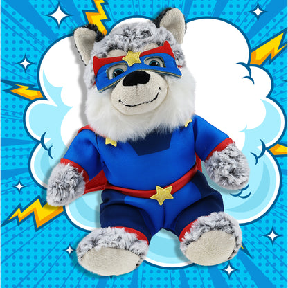SUPER-SOFT PLUSH - SITTING HUSKY With SUPER HERO Dress Up