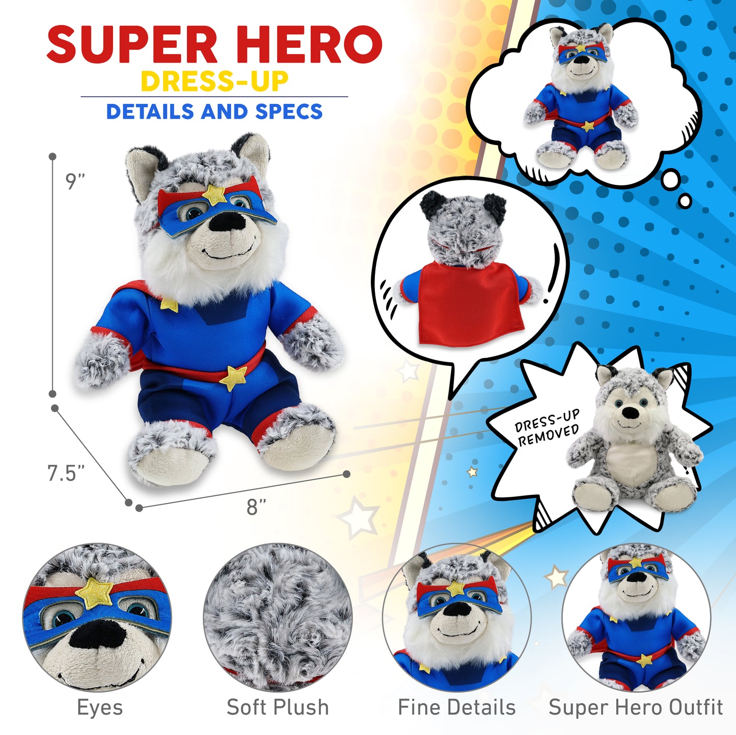 SUPER-SOFT PLUSH - SITTING HUSKY With SUPER HERO Dress Up