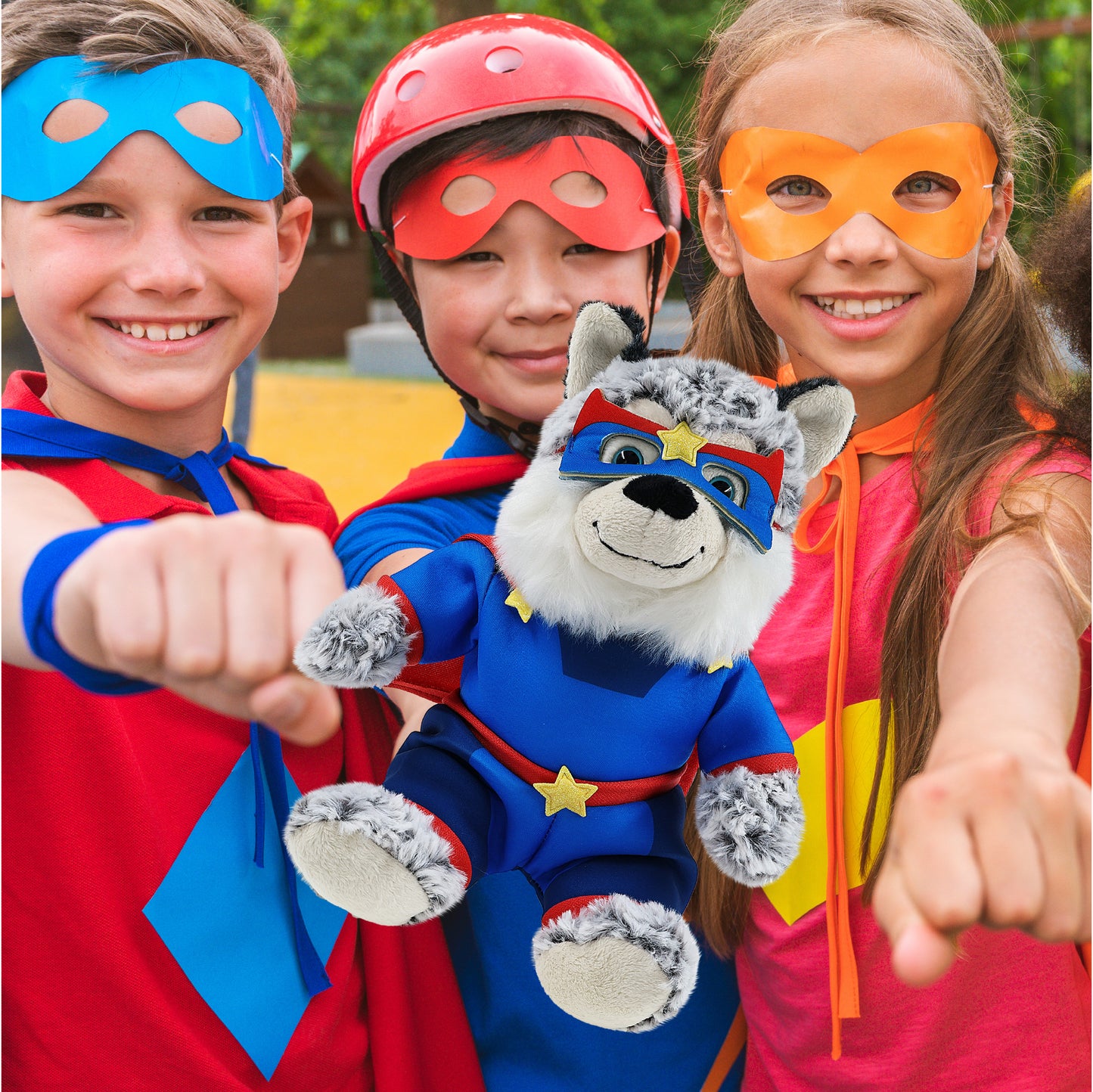 SUPER-SOFT PLUSH - SITTING HUSKY With SUPER HERO Dress Up