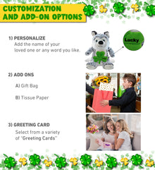 DolliBu Big Eye Husky Dog Stuffed Animal with Green Plush Shamrock - 9 Inches