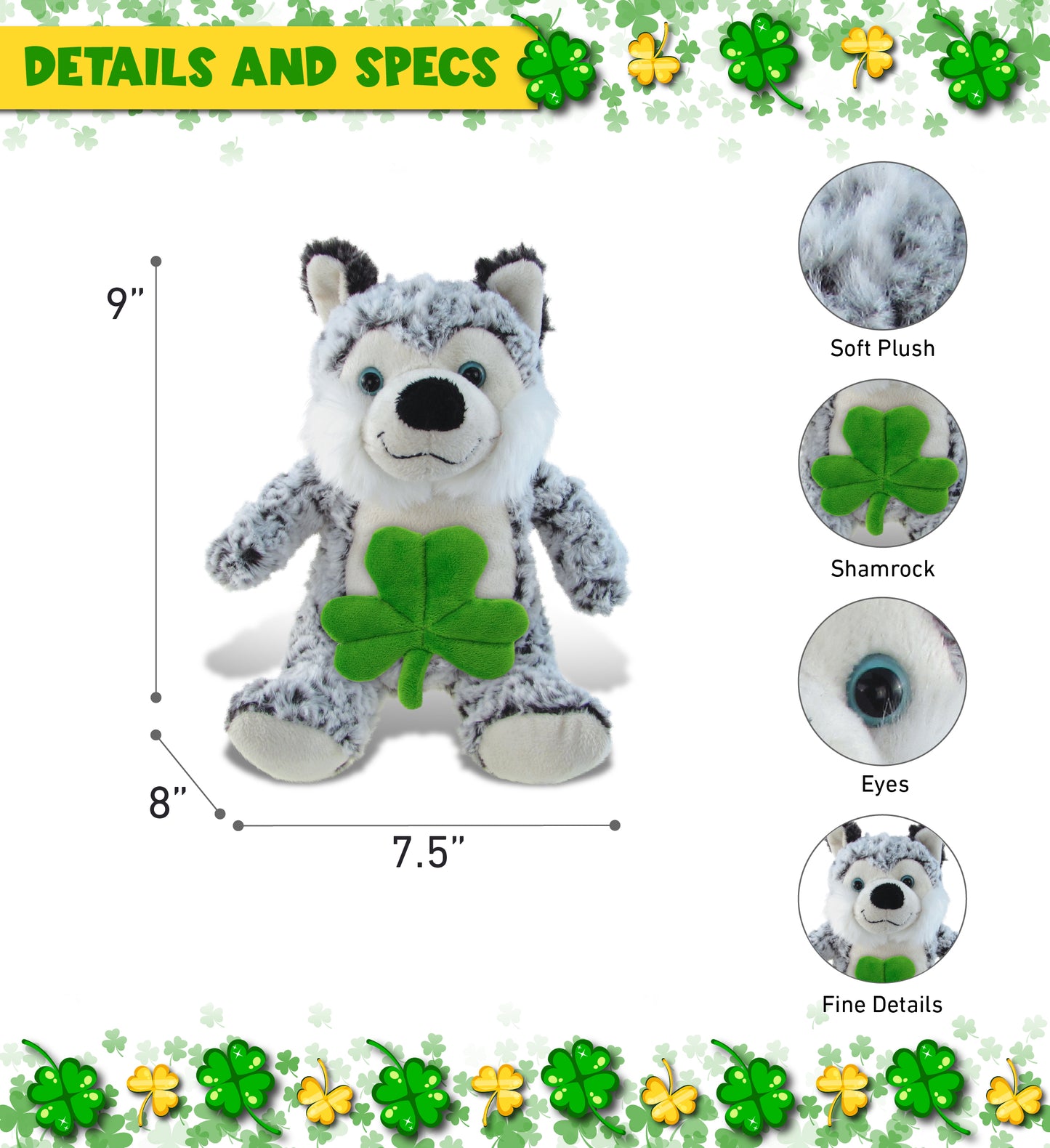 DolliBu Big Eye Husky Dog Stuffed Animal with Green Plush Shamrock - 9 Inches