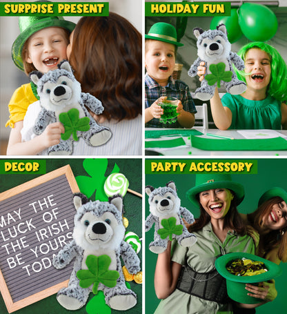 DolliBu Big Eye Husky Dog Stuffed Animal with Green Plush Shamrock - 9 Inches