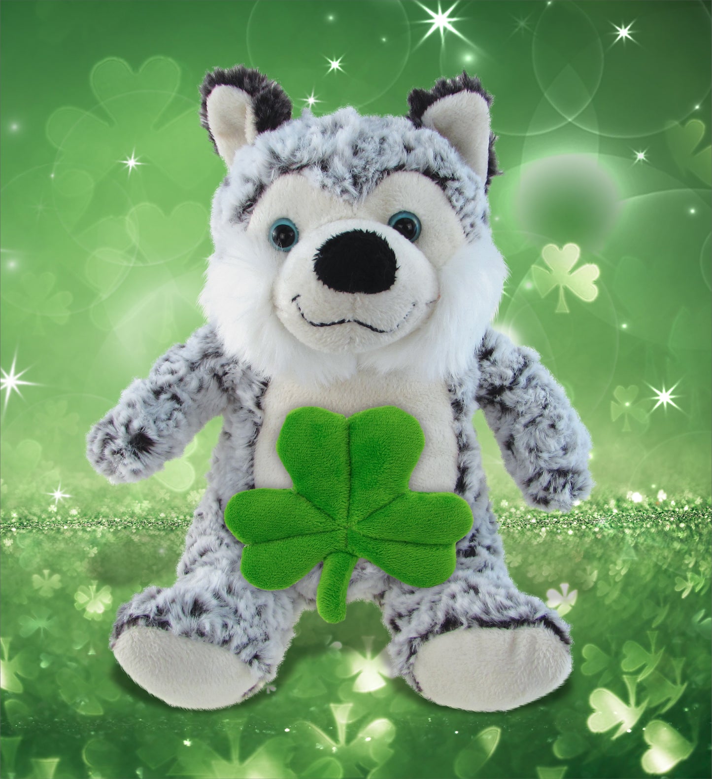 DolliBu Big Eye Husky Dog Stuffed Animal with Green Plush Shamrock - 9 Inches