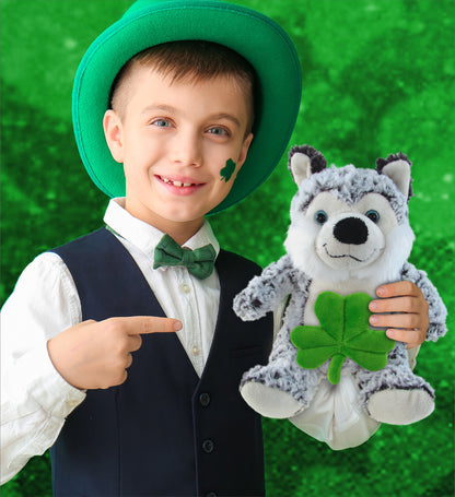 DolliBu Big Eye Husky Dog Stuffed Animal with Green Plush Shamrock - 9 Inches