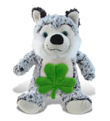 DolliBu Big Eye Husky Dog Stuffed Animal with Green Plush Shamrock - 9 Inches