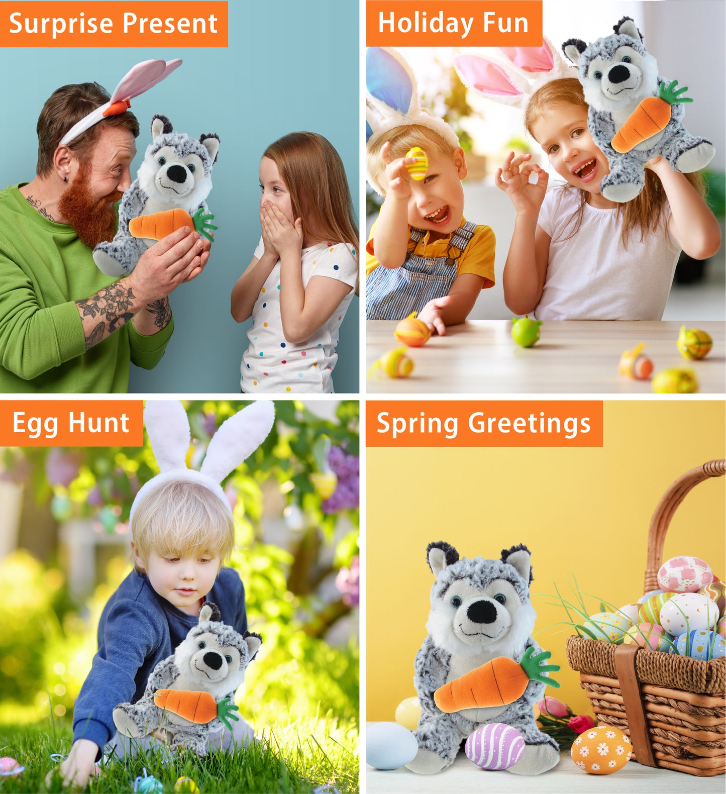 DolliBu Happy Easter Super Soft Plush Sitting Husky with Carrot Plush - 9 Inch