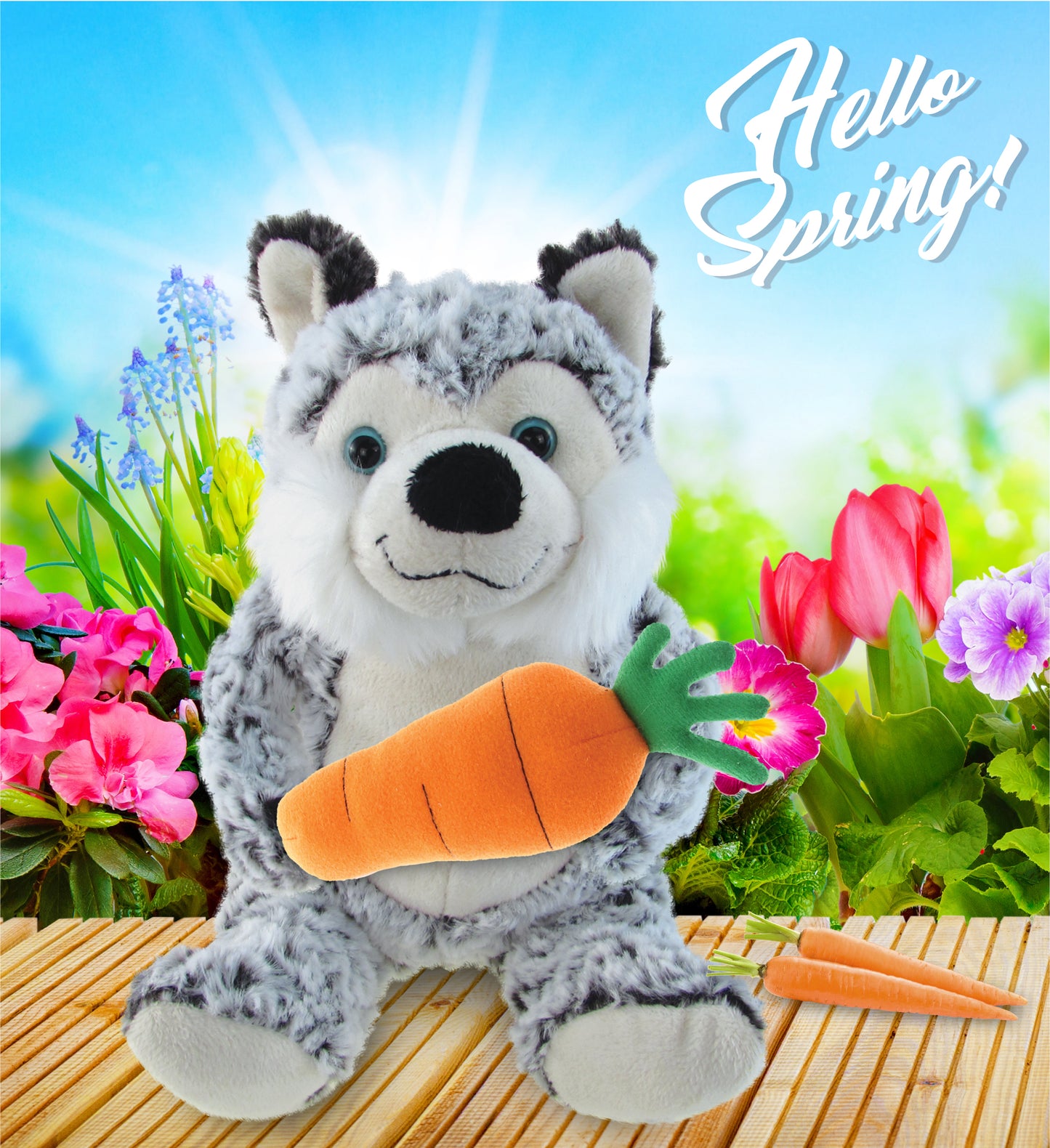 DolliBu Happy Easter Super Soft Plush Sitting Husky with Carrot Plush - 9 Inch