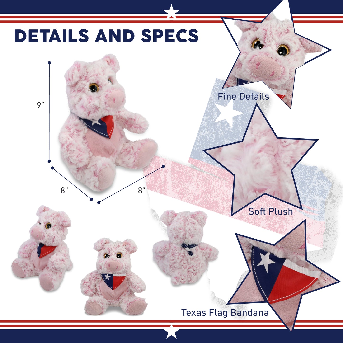SUPER-SOFT PLUSH - SITTING PIG WITH TEXAS FLAG BANDANA