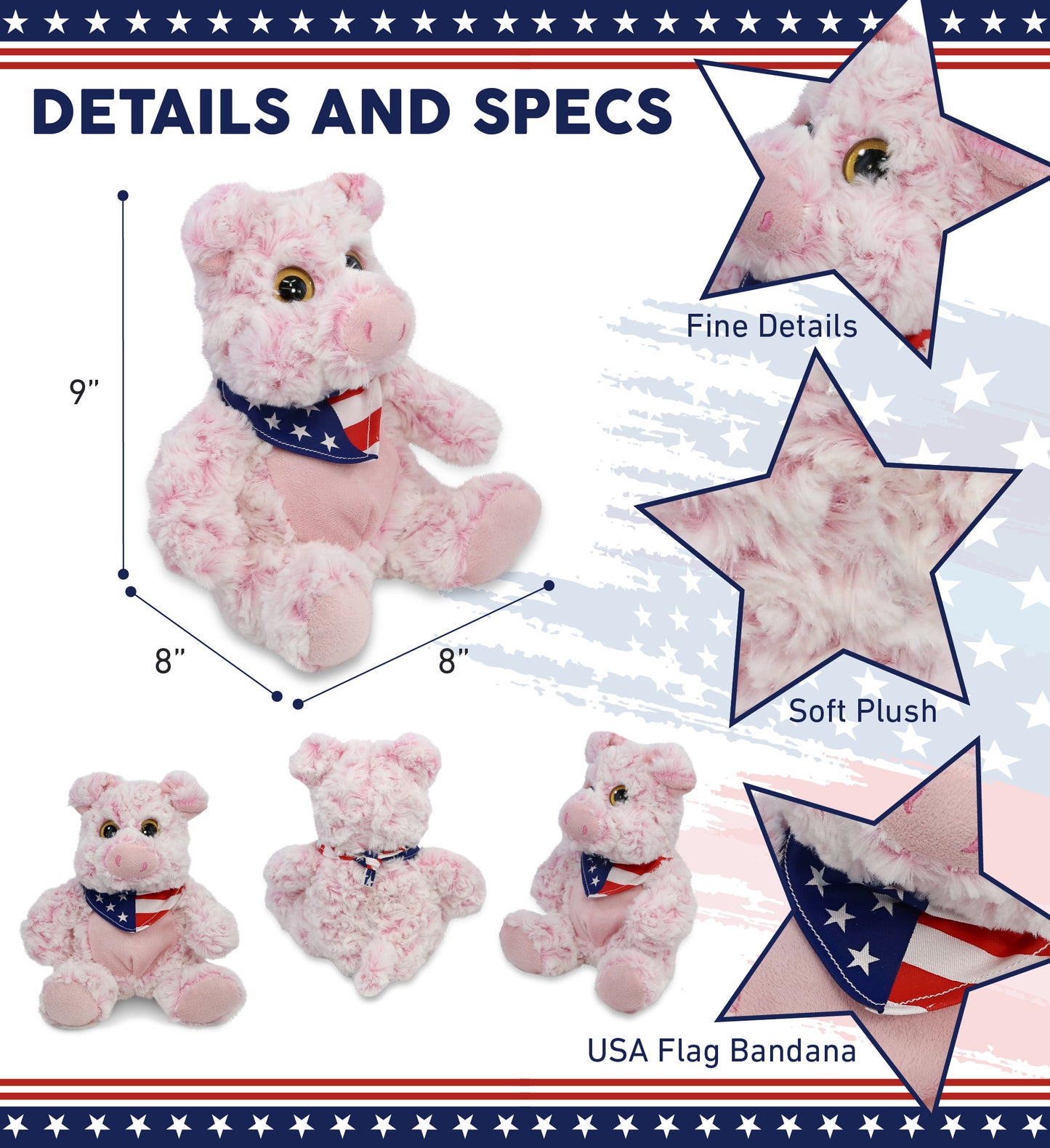 SUPER-SOFT PLUSH - SITTING PIG WITH USA FLAG BANDANA
