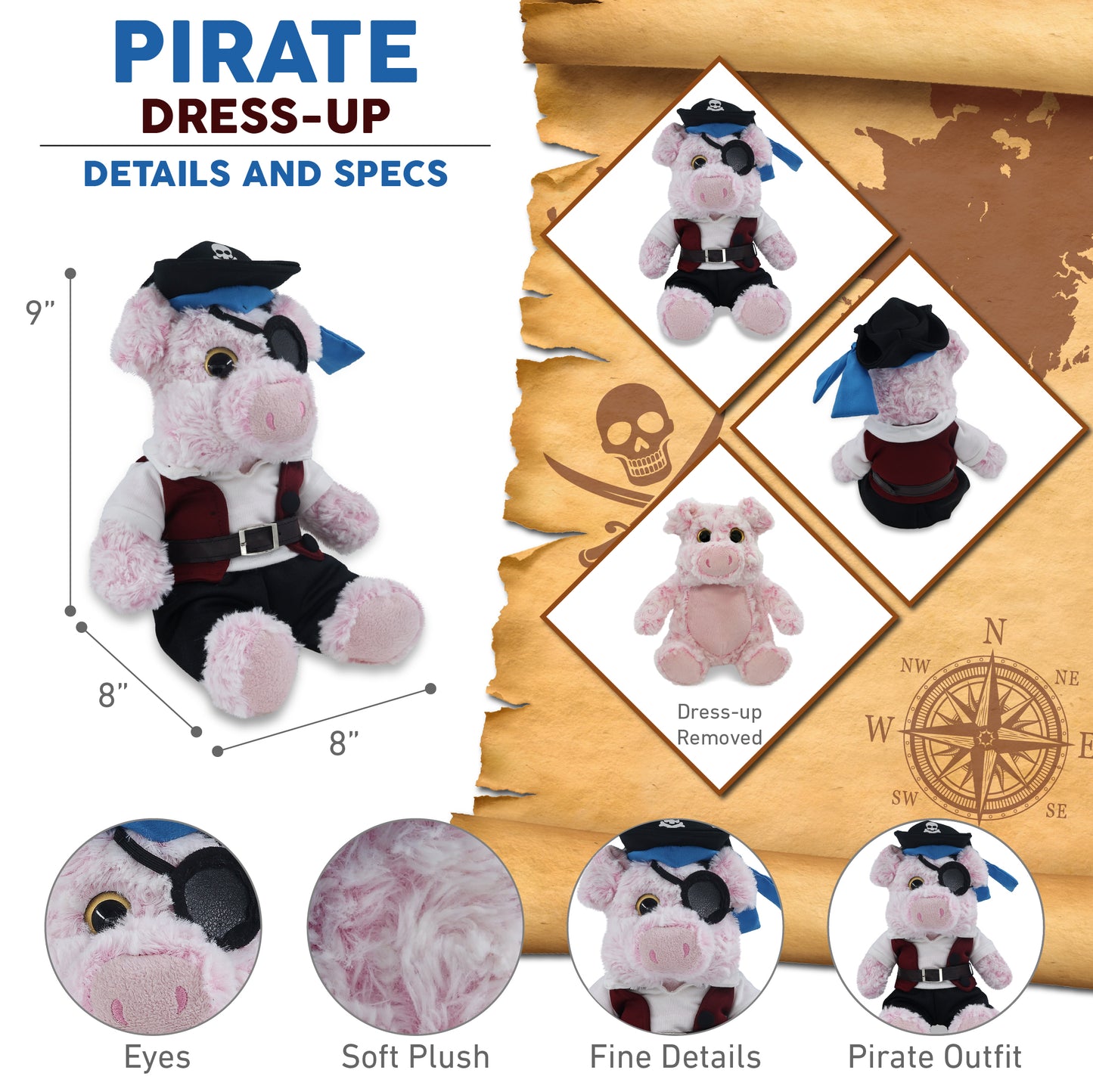 SUPER-SOFT PLUSH - SITTING PIG WITH PIRATE DRESS UP