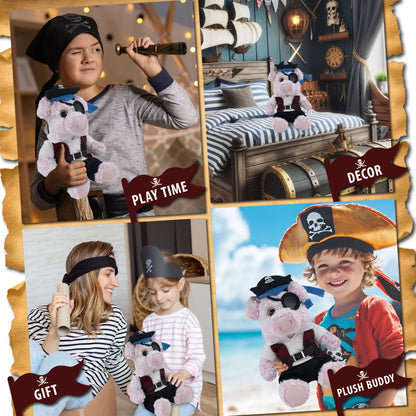 SUPER-SOFT PLUSH - SITTING PIG WITH PIRATE DRESS UP