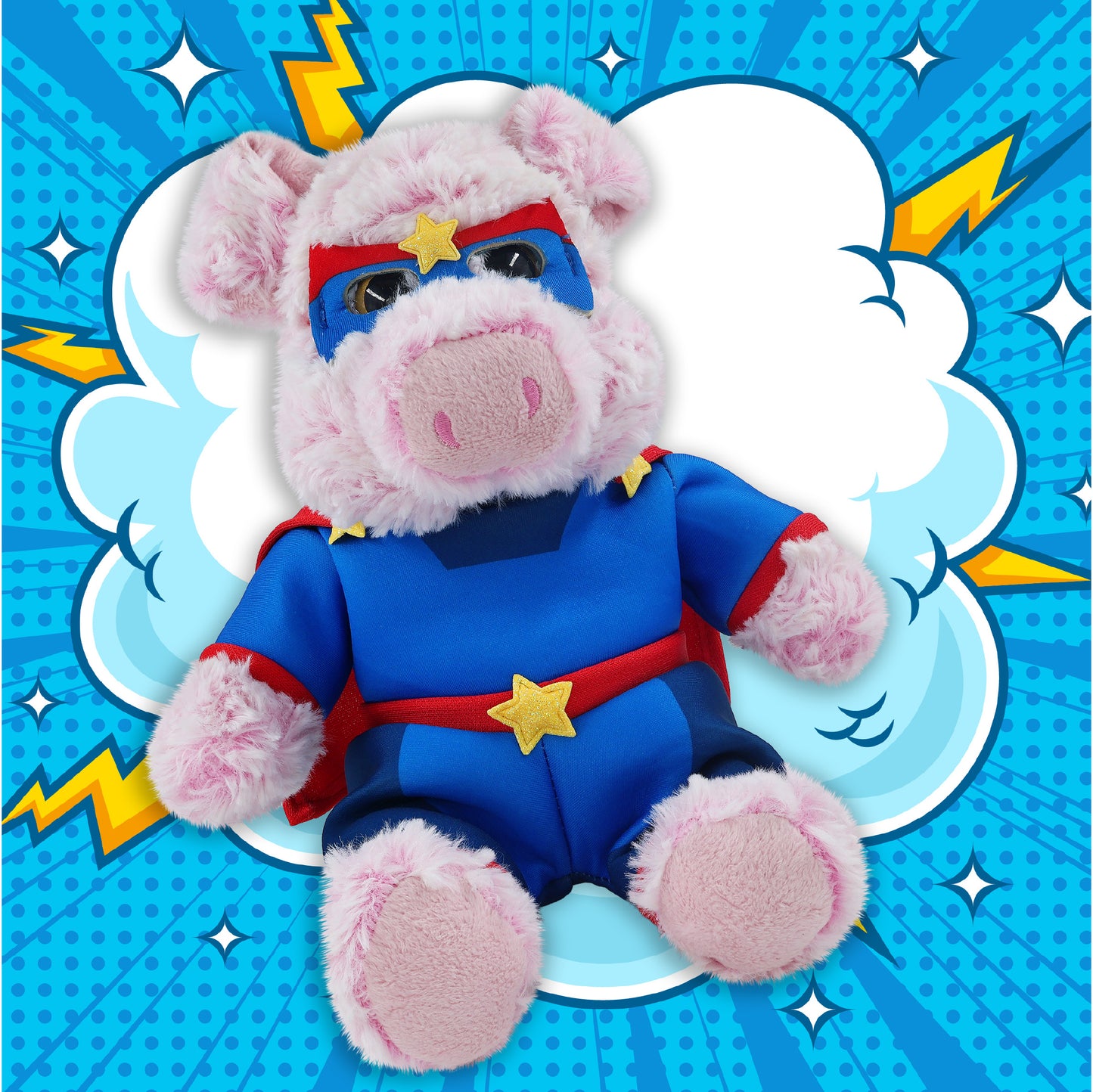 SUPER-SOFT PLUSH - SITTING PIG WITH SUPER HERO DRESS UP