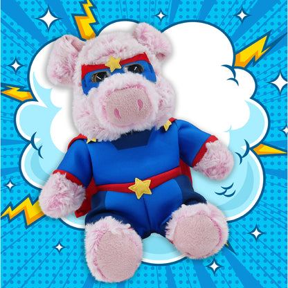 SUPER-SOFT PLUSH - SITTING PIG WITH SUPER HERO DRESS UP