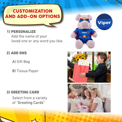 SUPER-SOFT PLUSH - SITTING PIG WITH SUPER HERO DRESS UP