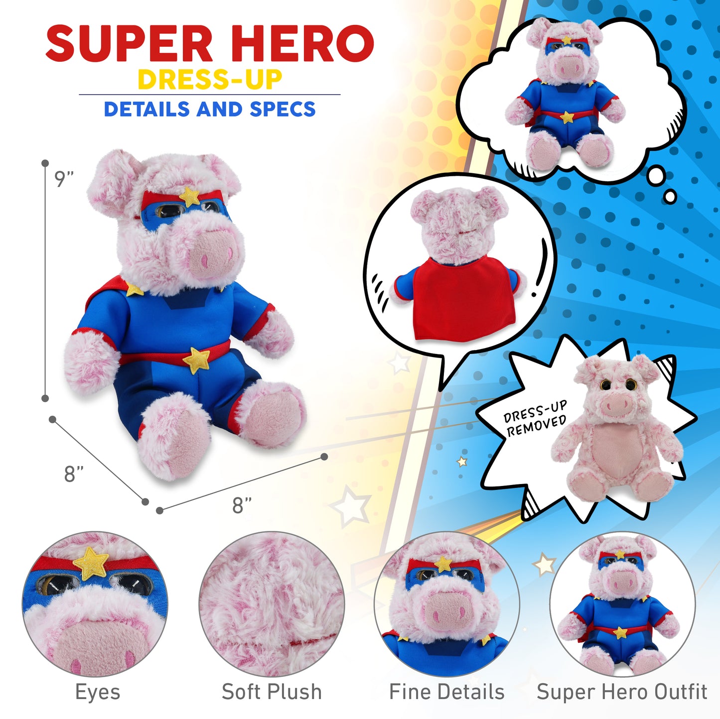SUPER-SOFT PLUSH - SITTING PIG WITH SUPER HERO DRESS UP