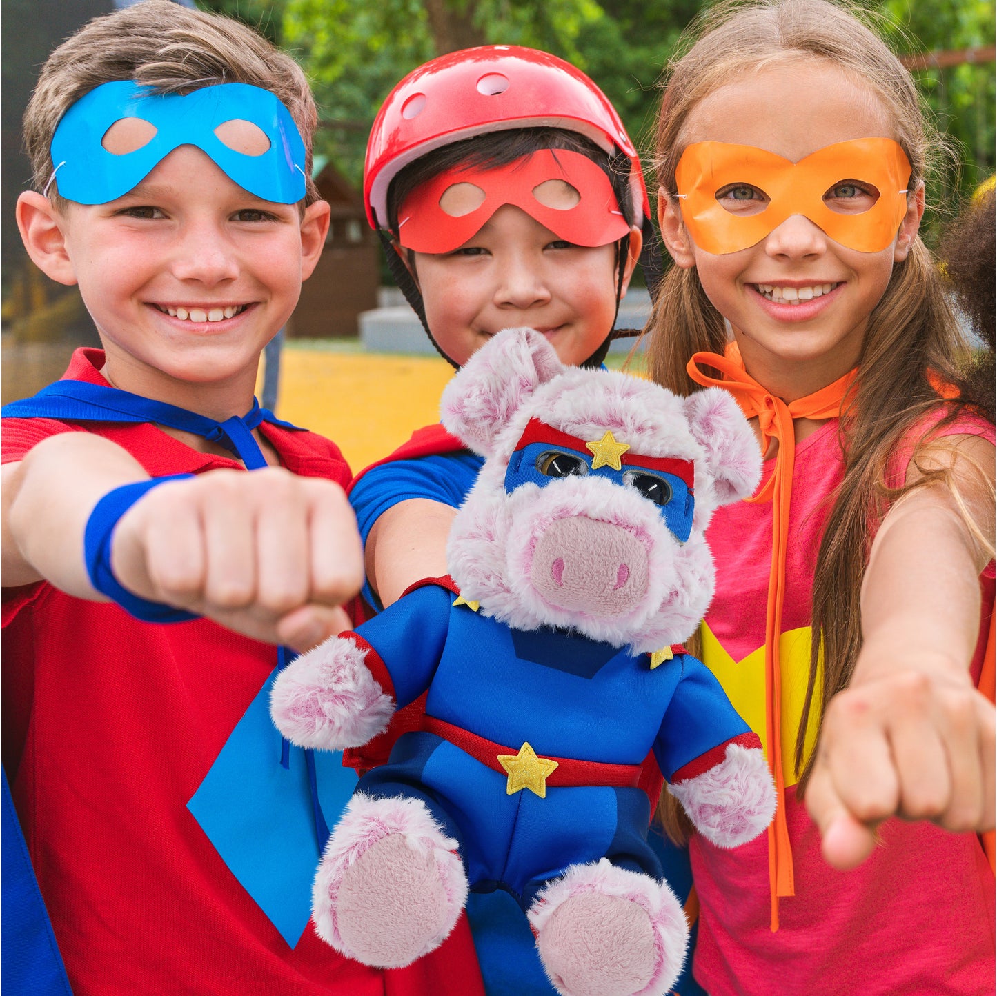 SUPER-SOFT PLUSH - SITTING PIG WITH SUPER HERO DRESS UP