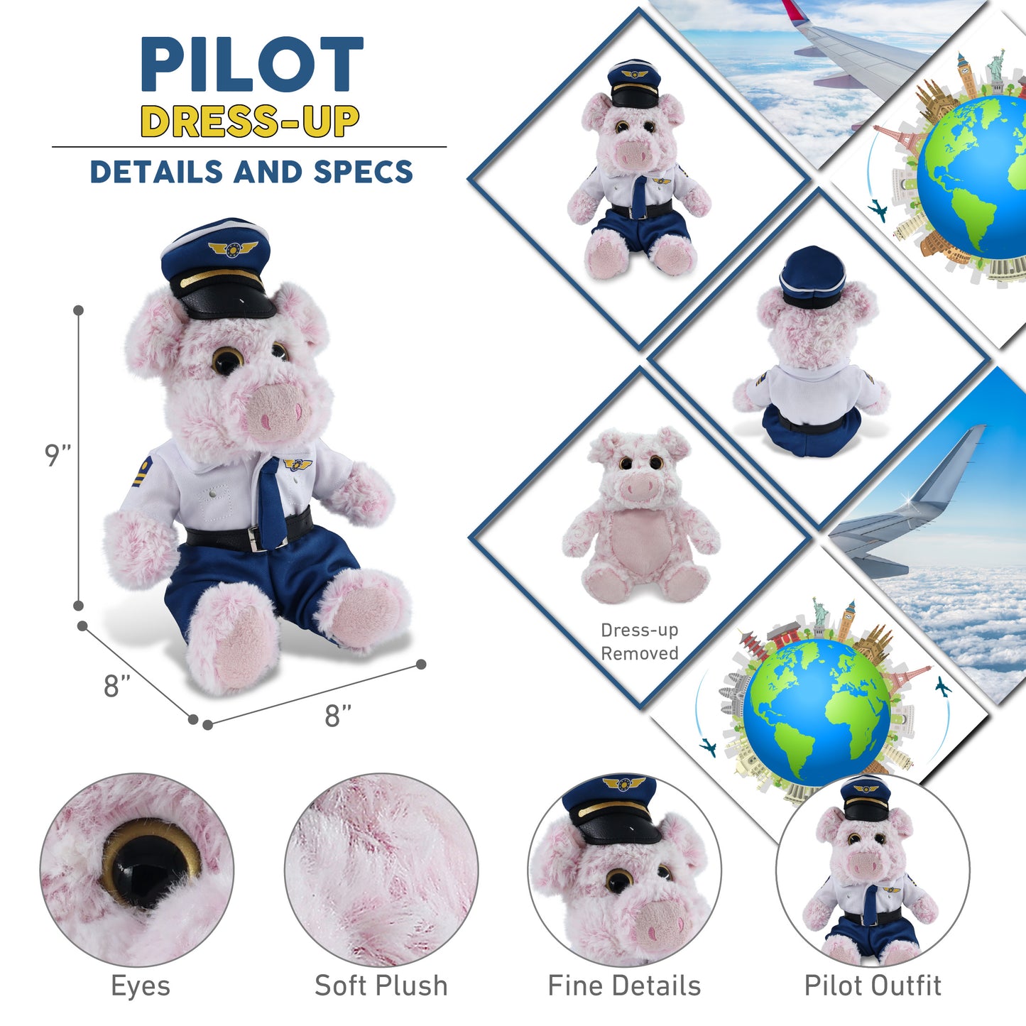 SUPER-SOFT PLUSH - SITTING PIG WITH PILOT DRESS UP