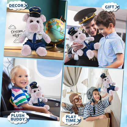 SUPER-SOFT PLUSH - SITTING PIG WITH PILOT DRESS UP