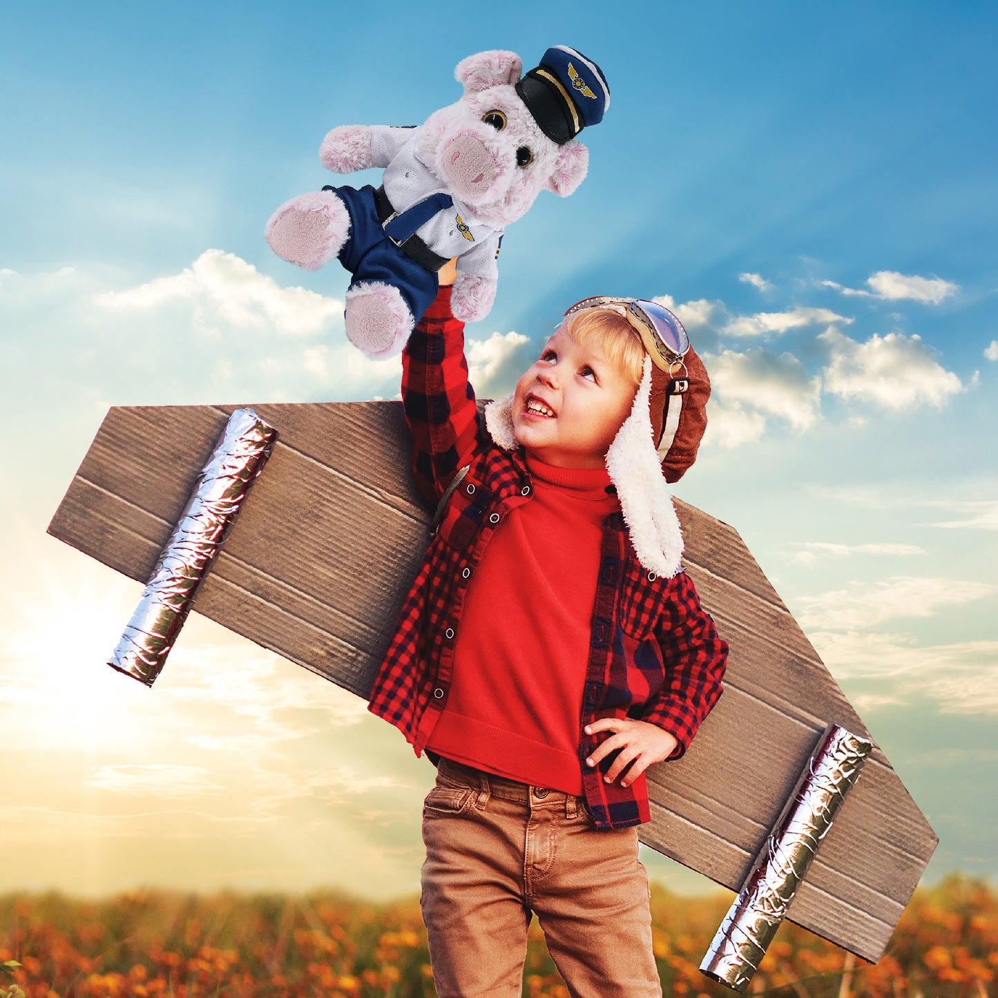 SUPER-SOFT PLUSH - SITTING PIG WITH PILOT DRESS UP