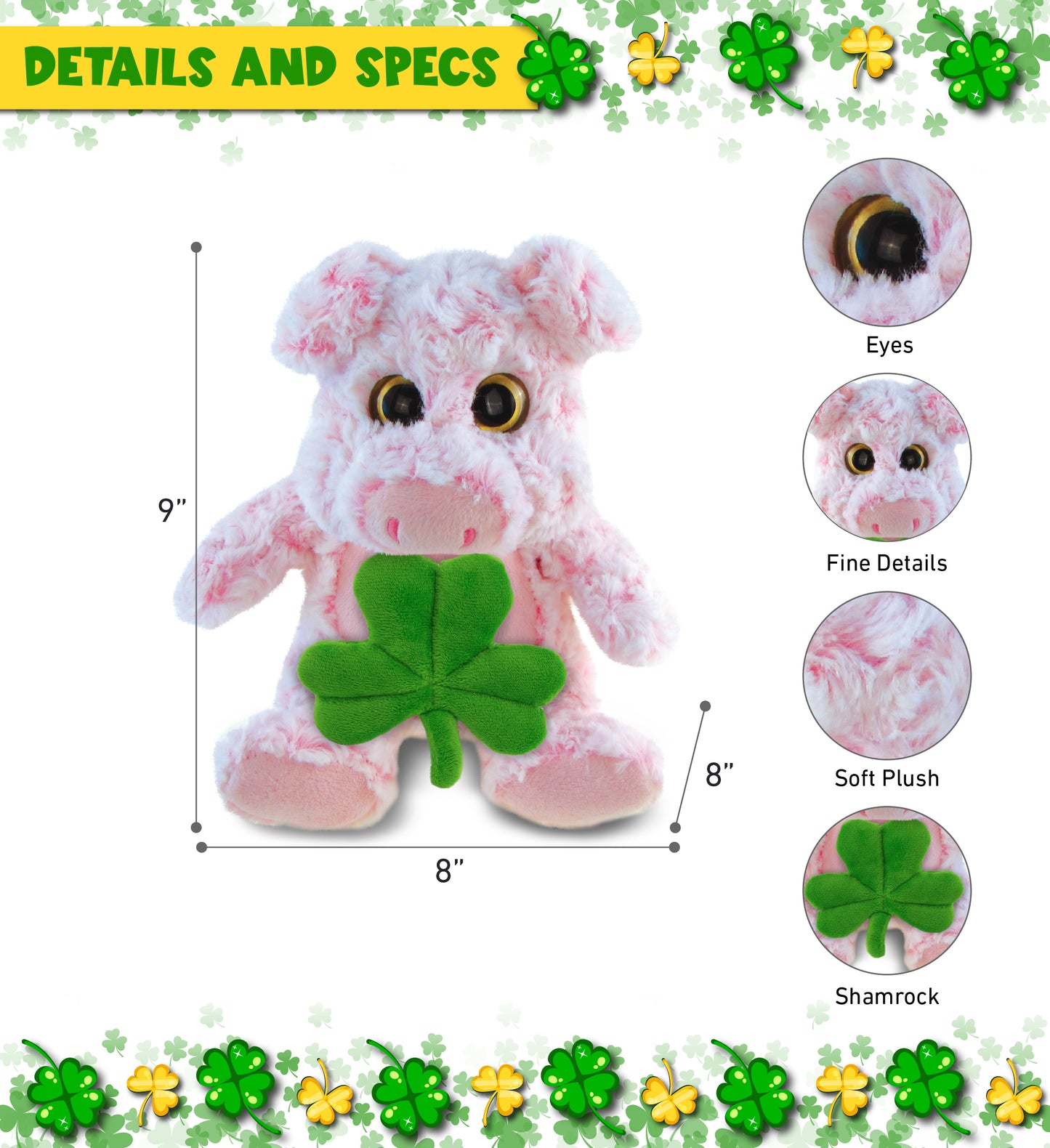 DolliBu Cute Sitting Pig Stuffed Animal with Green Plush Shamrock - 9 Inches