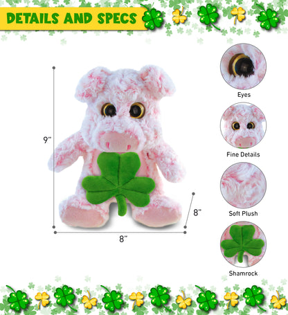 DolliBu Cute Sitting Pig Stuffed Animal with Green Plush Shamrock - 9 Inches