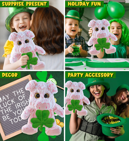 DolliBu Cute Sitting Pig Stuffed Animal with Green Plush Shamrock - 9 Inches