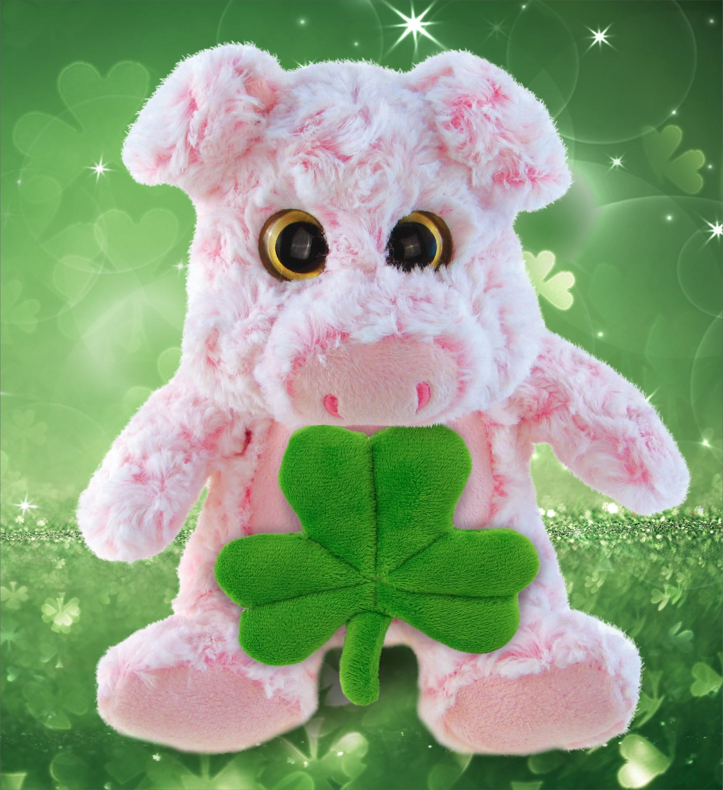 DolliBu Cute Sitting Pig Stuffed Animal with Green Plush Shamrock - 9 Inches