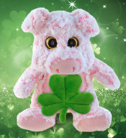 DolliBu Cute Sitting Pig Stuffed Animal with Green Plush Shamrock - 9 Inches