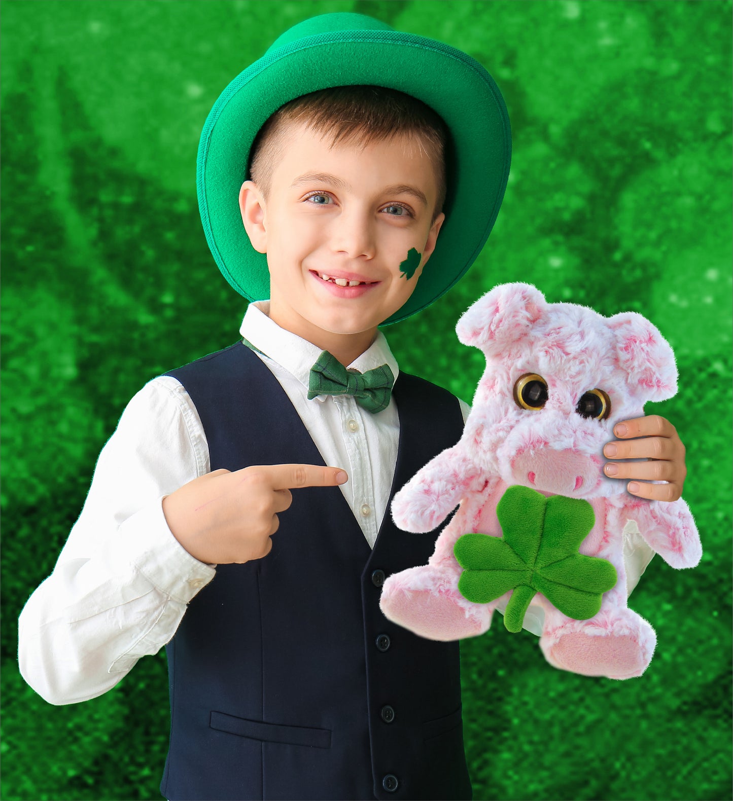 DolliBu Cute Sitting Pig Stuffed Animal with Green Plush Shamrock - 9 Inches