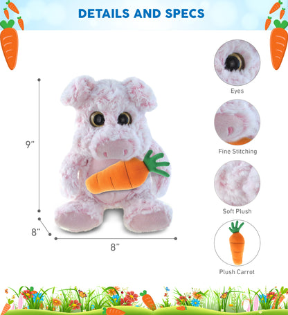 DolliBu Happy Easter Super Soft Plush Sitting Pig with Carrot Plush - 9 Inches