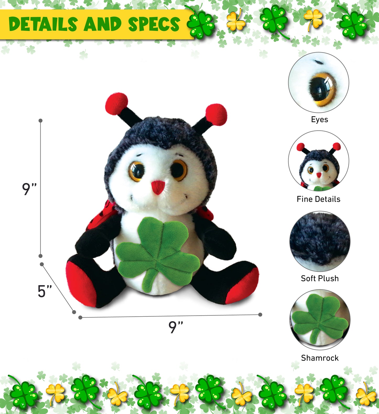 DolliBu Sitting Ladybug Stuffed Animal with Green Plush Shamrock - 9 Inches