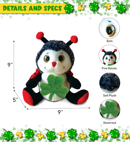 DolliBu Sitting Ladybug Stuffed Animal with Green Plush Shamrock - 9 Inches
