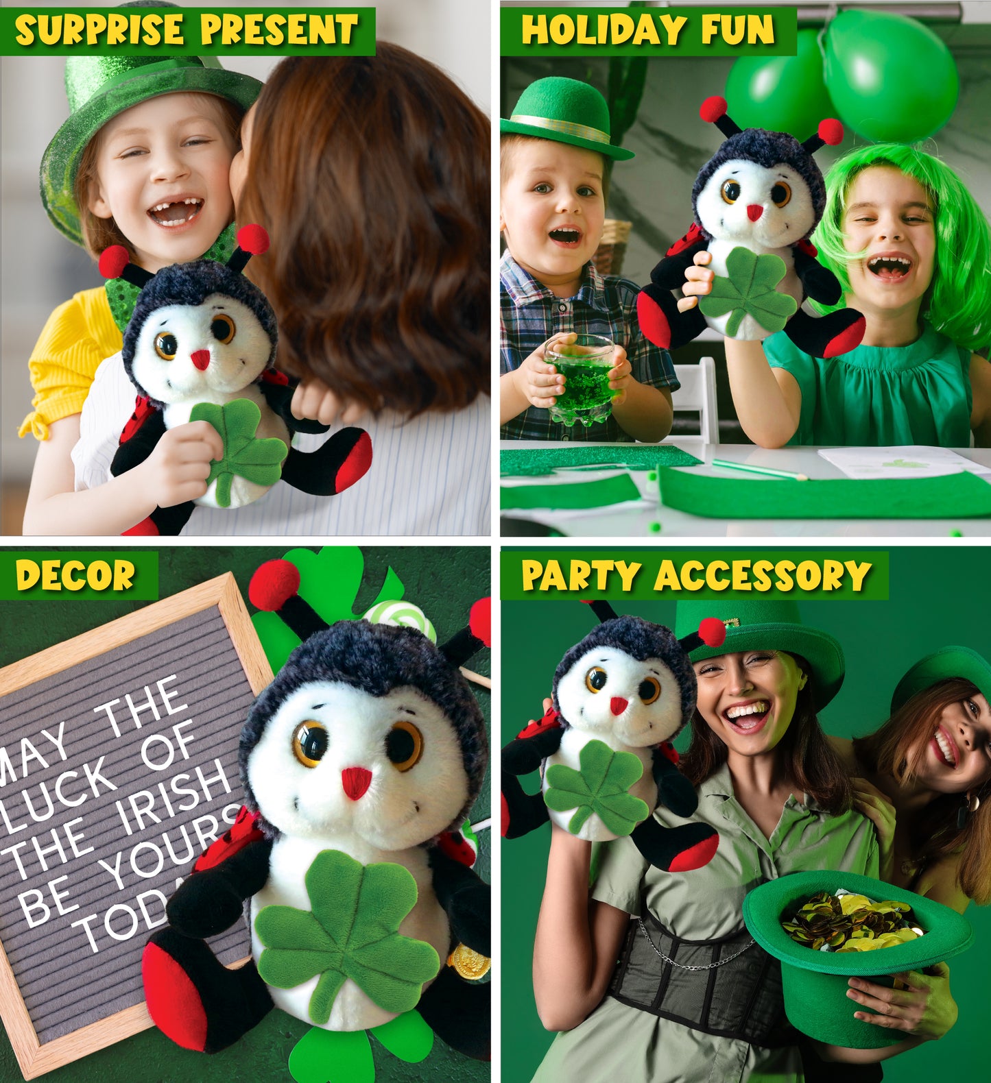 DolliBu Sitting Ladybug Stuffed Animal with Green Plush Shamrock - 9 Inches