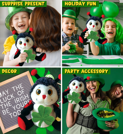 DolliBu Sitting Ladybug Stuffed Animal with Green Plush Shamrock - 9 Inches