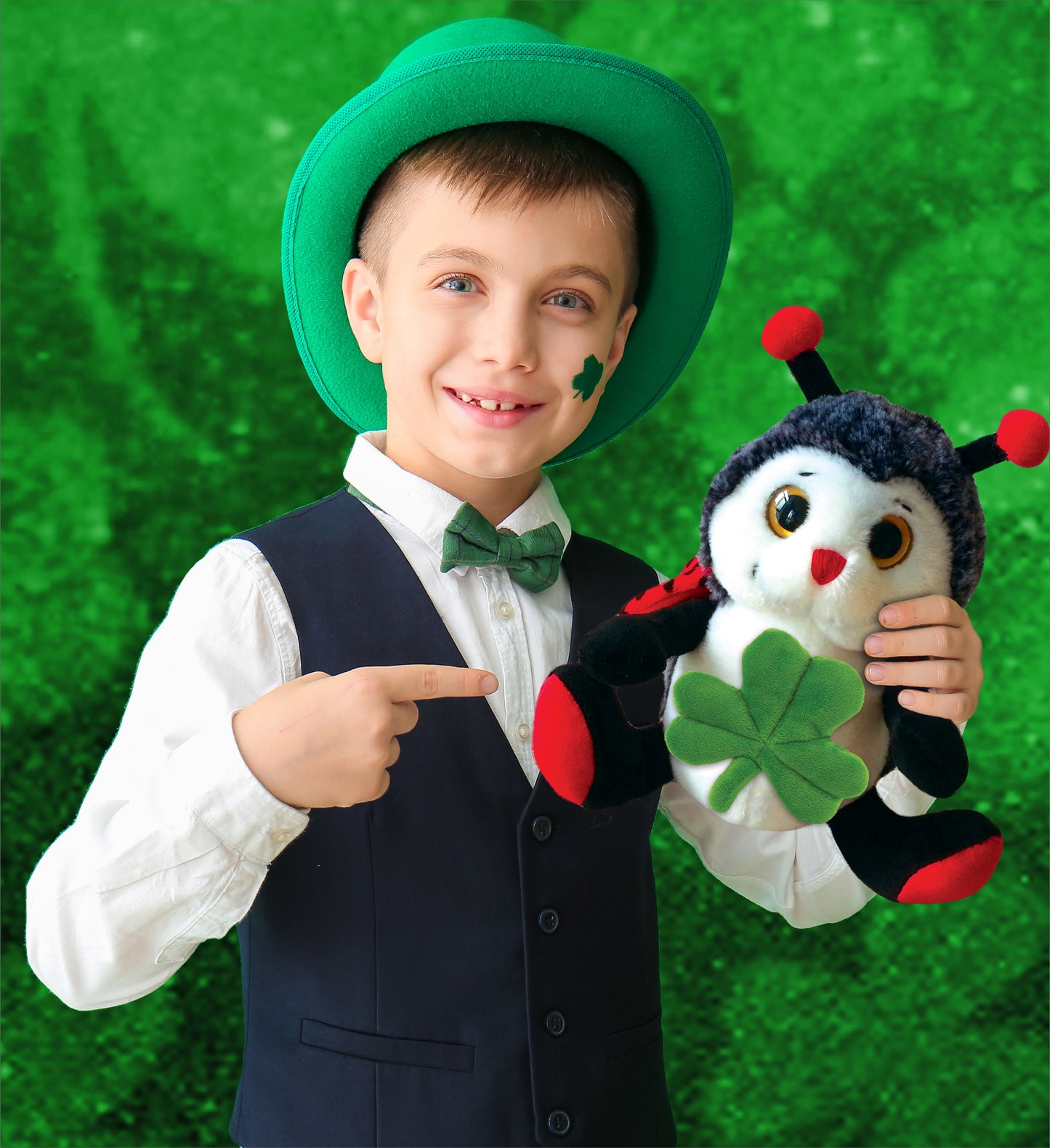 DolliBu Sitting Ladybug Stuffed Animal with Green Plush Shamrock - 9 Inches
