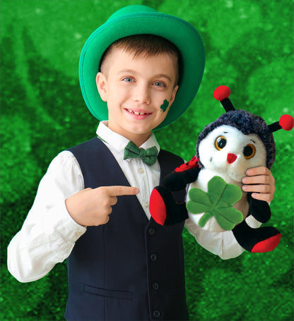 DolliBu Sitting Ladybug Stuffed Animal with Green Plush Shamrock - 9 Inches