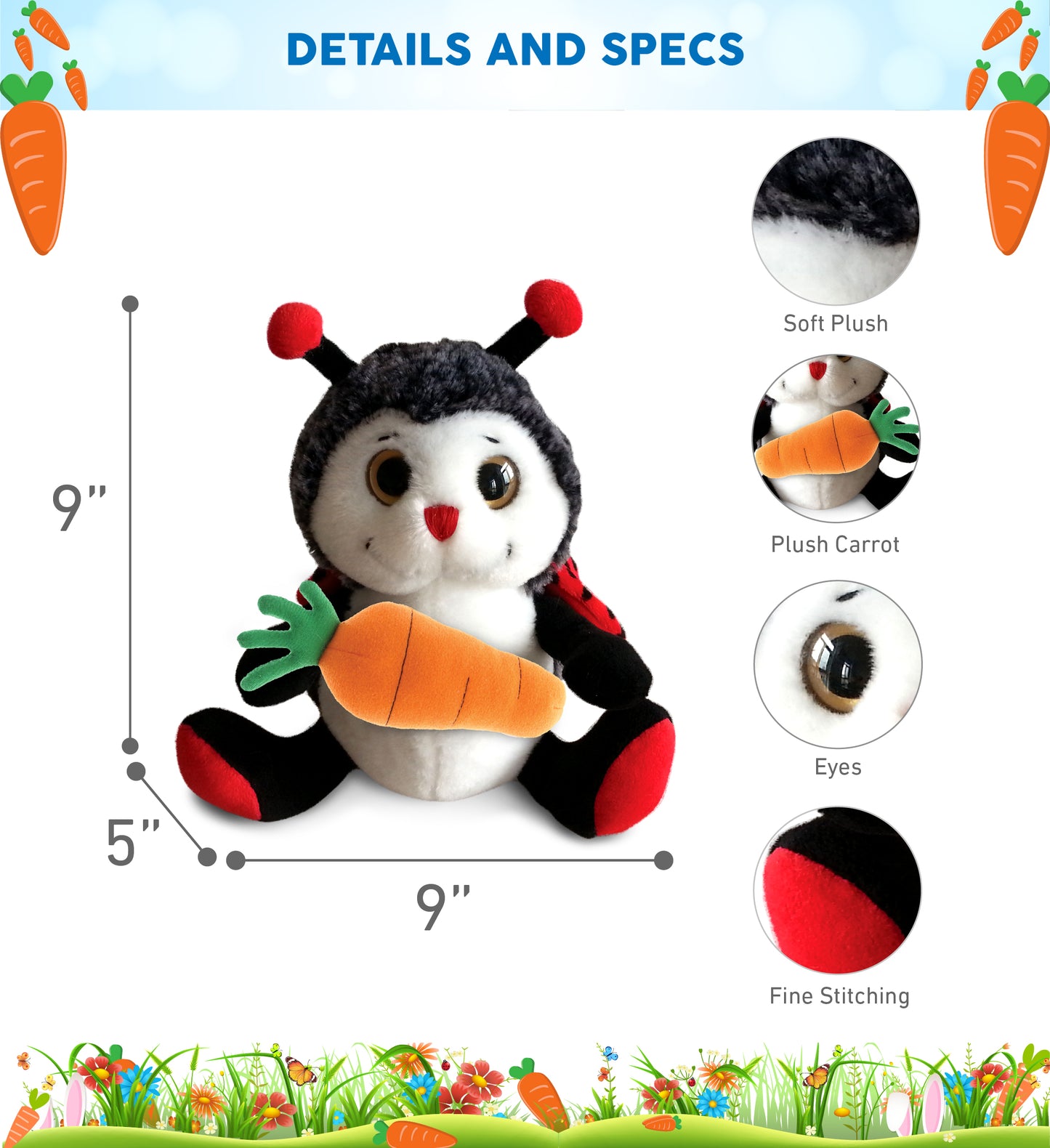 DolliBu Happy Easter Soft Plush Sitting Ladybug with Carrot Plush - 9 Inches
