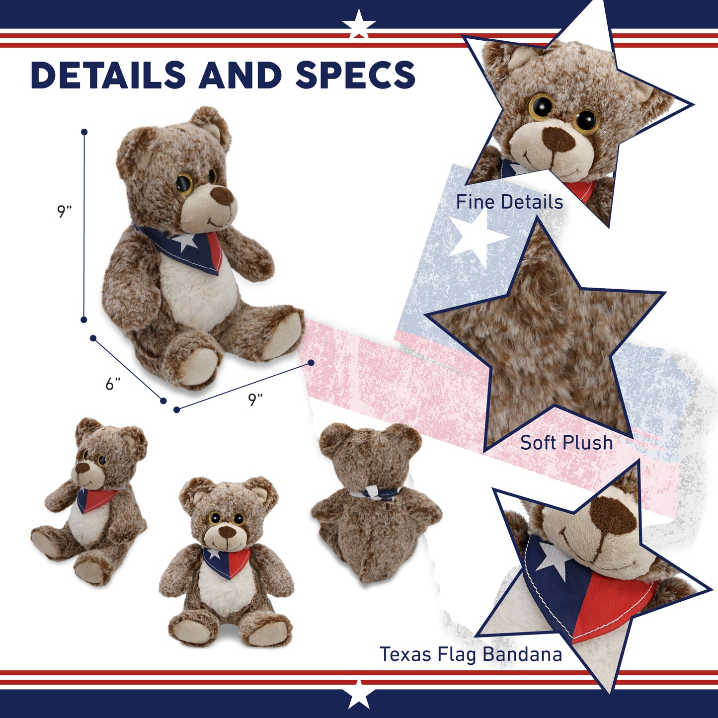 SUPER-SOFT PLUSH - SITTING BROWN BEAR WITH TEXAS FLAG BANDANA