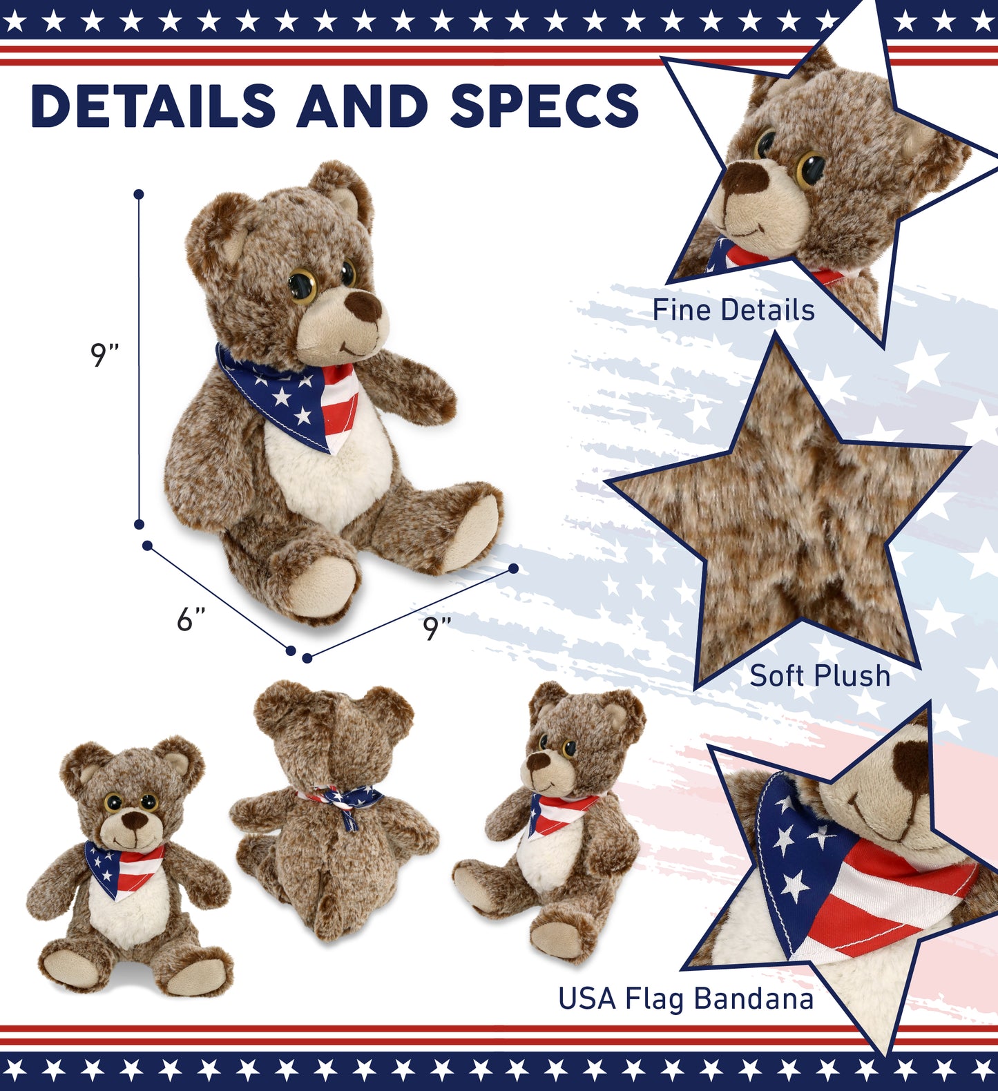 SUPER-SOFT PLUSH - SITTING BROWN BEAR WITH USA FLAG BANDANA