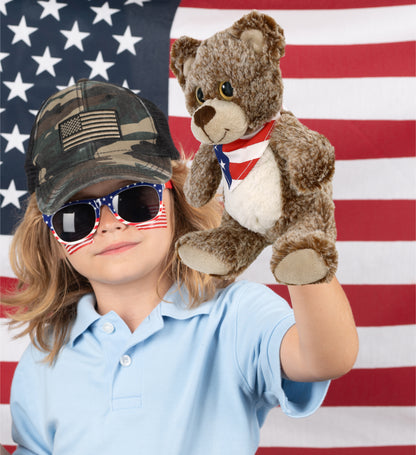 SUPER-SOFT PLUSH - SITTING BROWN BEAR WITH USA FLAG BANDANA