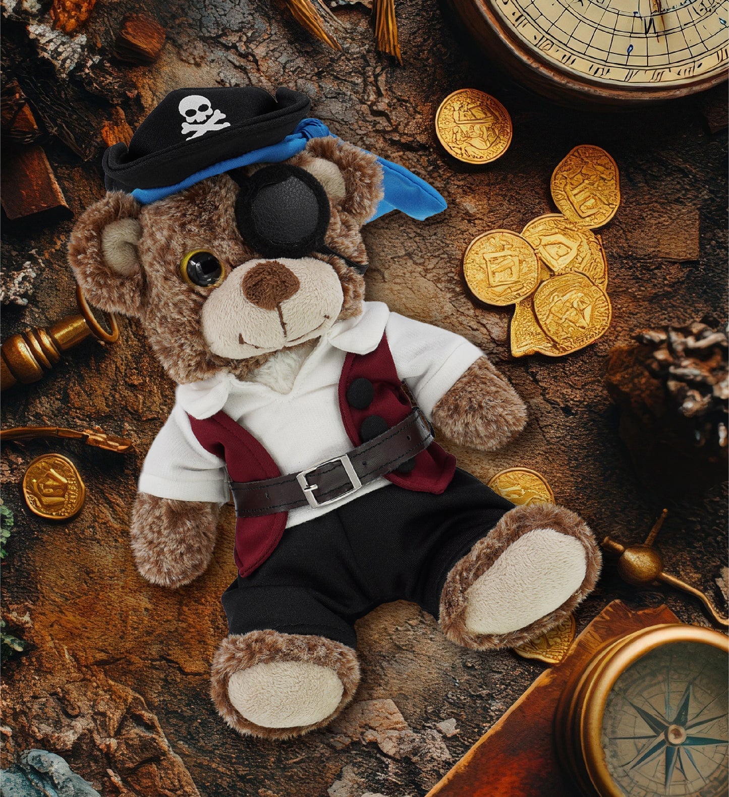 SUPER-SOFT PLUSH - SITTING BROWN BEAR WITH PIRATE DRESS UP