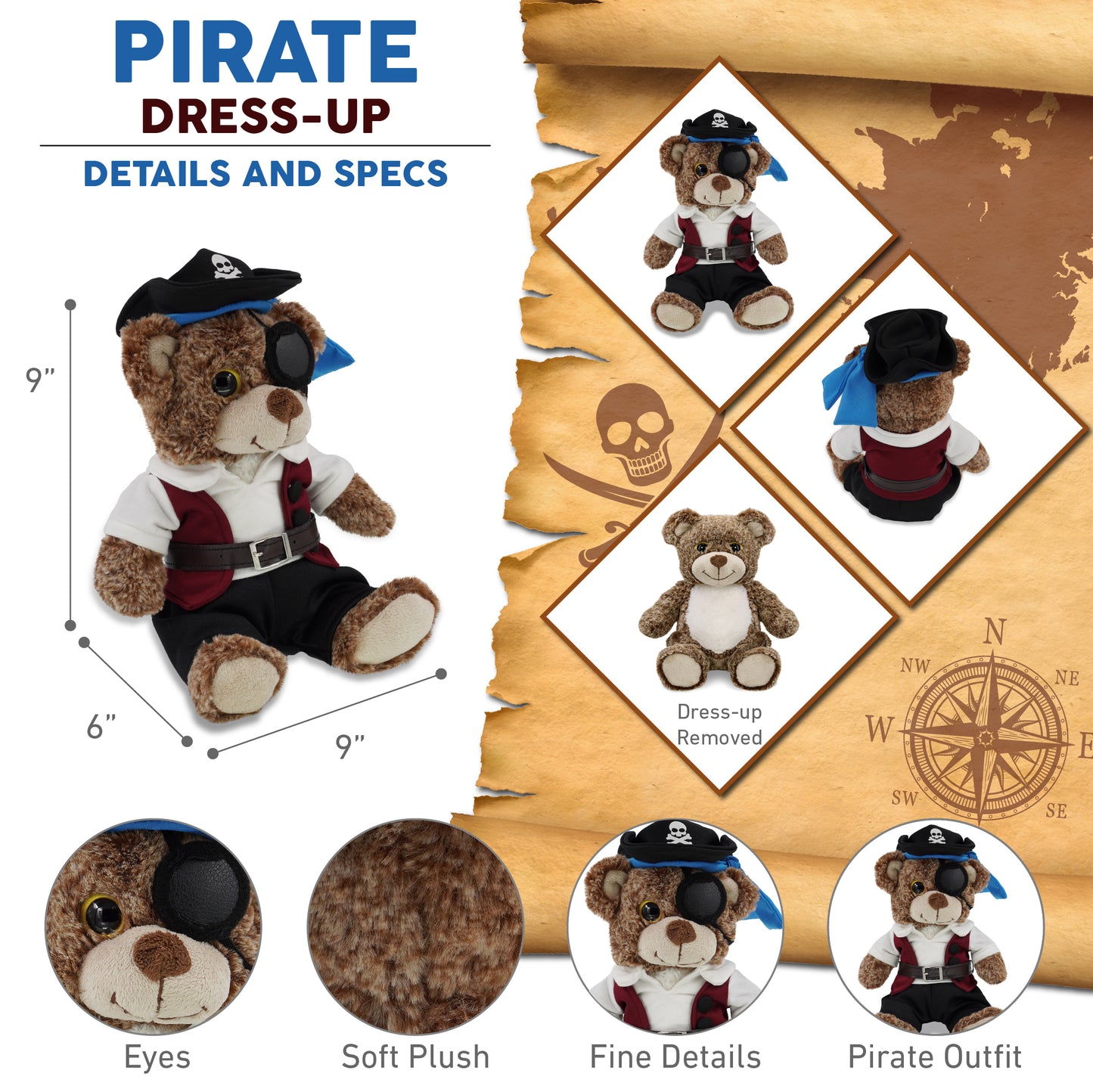 SUPER-SOFT PLUSH - SITTING BROWN BEAR WITH PIRATE DRESS UP