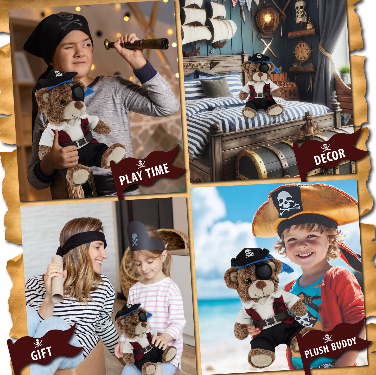 SUPER-SOFT PLUSH - SITTING BROWN BEAR WITH PIRATE DRESS UP