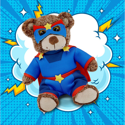 SUPER-SOFT PLUSH - SITTING BROWN BEAR WITH SUPER HERO DRESS UP